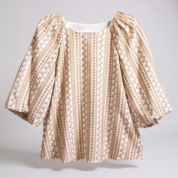 Calvin Klein Top Sz L White Golden Brown Embroidered Stripe Balloon Slv Peasant - Picture 12 of 12